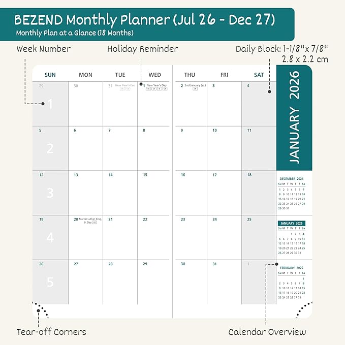BEZEND Pocket Monthly Planner 2026 2027 Extra Thin & Light (Slim 3.5" x 6.5"), 18-Month Academic Mini Calendar (Jul 26 - Dec 27), Ideal for Students & Professionals, PU Leather Softcover - Fruit Green