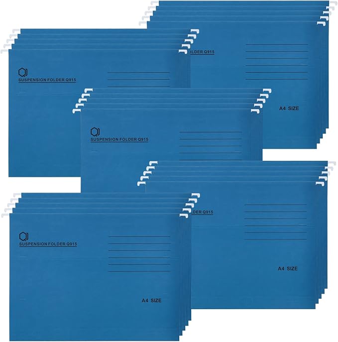 A4 Hanging File Folders, 25 Pcs Recycled Card File Folders for Filing Cabinet with Tabs and Card Inserts, Hanging Files Storage Folders for Office and School, Blue