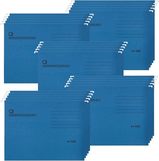 A4 Hanging File Folders, 25 Pcs Recycled Card File Folders for Filing Cabinet with Tabs and Card Inserts, Hanging Files Storage Folders for Office and School, Blue