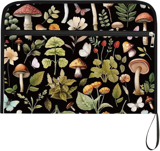 WEBEEDY Mushroom Botanical Expanding File Folder 13 Pockets Butterfly Plants Accordion Folder with Labels and Zipper, Waterproof Portable Expandable File Organizer for A4 Paper Photo Letter Receipt