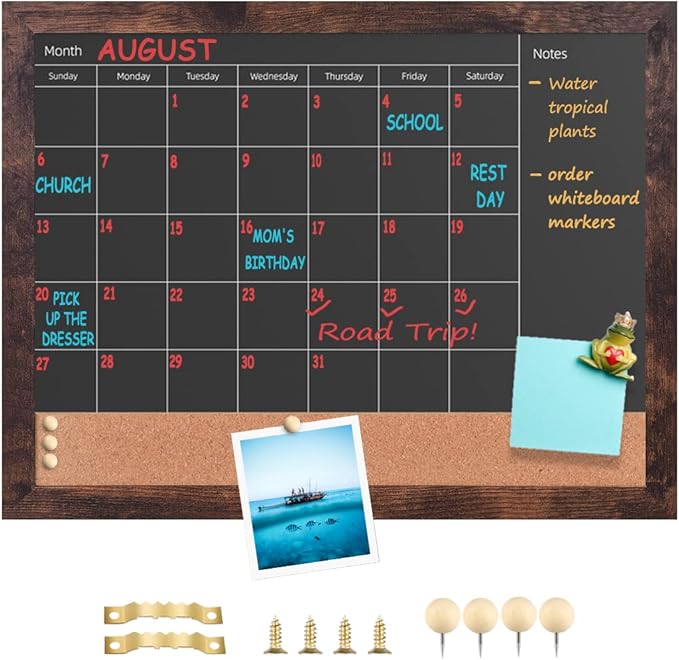 Magnetic Chalkboard Calendar Corkboard, 13" x 17" Small Combination Chalk Board Bulletin Board, Walnut Brown Framed Blackboard Calendar Cork Combo Board（BN-3343