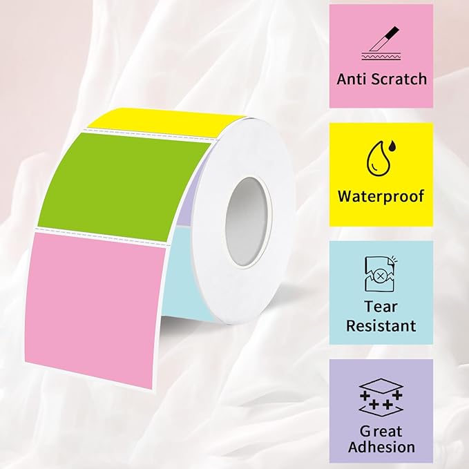 1.5 Inch Square Thermal Label Printer Stickers, Self-Adhesive Direct Thermal Labels Stickers, Waterproof/Perforation Line Design- 500 Sheets/ 5 Colors