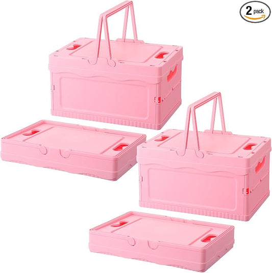 2 Pcs Pastel Plastic Collapsible Storage Crates with Lids and Handle Collapsible Picnic Basket Stackable Storage Bins Cute Foldable Container for Home Kitchen Office Bathroom(Pink)