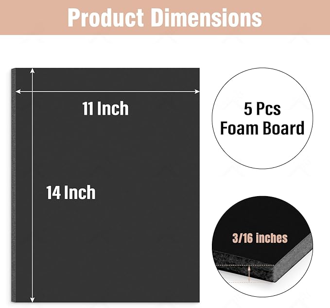 Golden State Art, Acid Free 5 Pack 11x14 Black Foam Boards Foam Core Poster Board, 3/16'' Thick Polystyrene Foam Sheet for Projects, Mounting, Crafts, Art and Presentations