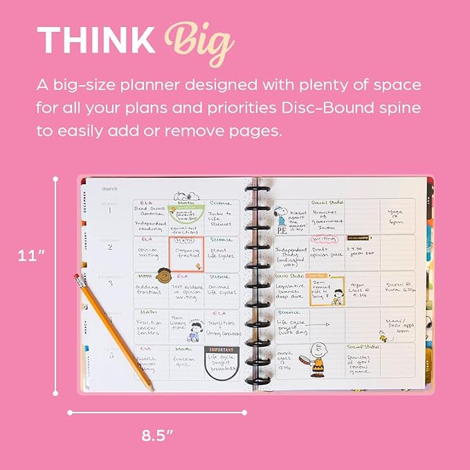 Happy Planner Peanuts Disc-Bound 12-Month Academic Planner, July 2026–June 2027, 12 Dividers, Big Size, 8.5" x 11", Teacher Layout
