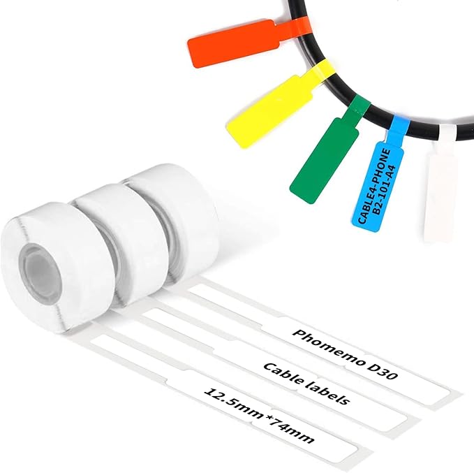 Phomemo D30 Thermal Cable Label Waterproof Wire Cord Labels, (12.5mm X 74mm) 65 Labels/Roll, Tags Stickers Tear Resistant Flexible, Phomemo d30 Label Tape -Black on White Paper, 3 Roll
