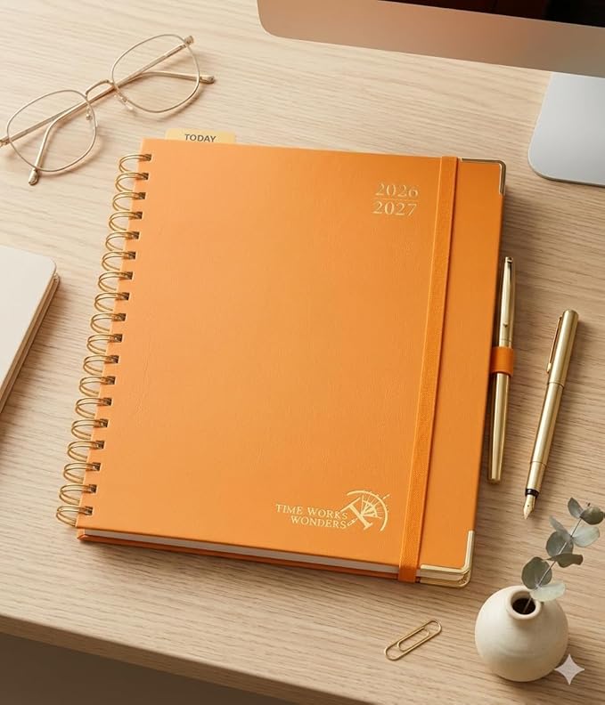 POPRUN 2026-2027 Academic Year Weekly and Monthly Planner Calendar,Jul 2026 - Jun 2027，10" x 8"， Daily Agenda Book & Appointment Book with Hourly Schedule, Tabs, Hardcover, School and Office Supplies - Orange