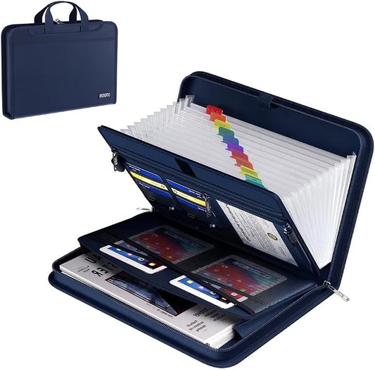 Fireproof & Waterproof Accordion File Organizer – Fireproof File Folder with Handle, 13-Pocket Expanding Paperwork Organizer for A4/Letter Documents, Travel File Storage (Blue)