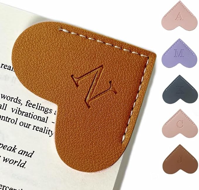 Personalized Leather Book Marks, Heart Bookmark, Unique Cute Handmade Letter Bookmarks Accessories for Reading Women, Teacher, Student, Book Lovers Book Mark Gifts (Brown, N)