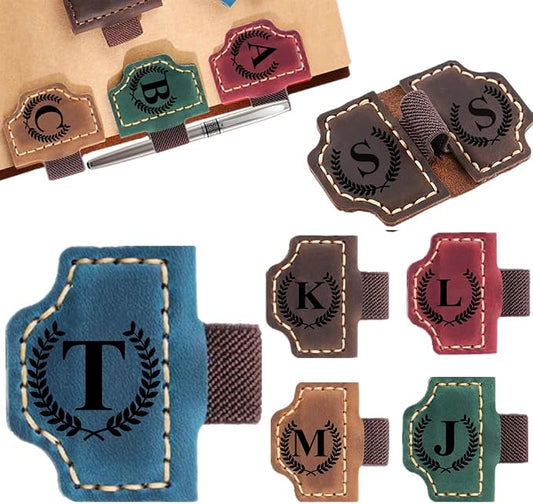 Custom Bookmark with Pen Holder with 26 Letters Personalized Magnetic Leather Book Mark, Customized Name Book Marker Clip with Initial for Men Women, Gifts for Book Lovers, Readers, (Blue, T)