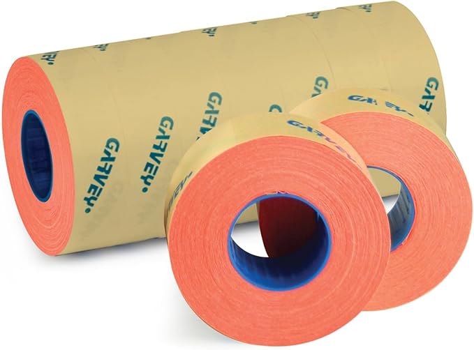 Garvey Fluorescent Red Label Rolls/Sleeve of 9 Rolls / 1225 Security Tags Per Roll/Compatible with Garvey 22-6 and 22-7 and 22-8 Labelers / 12mm x 22mm Stickers