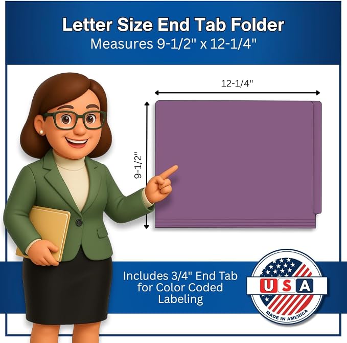 Purple File Folders, Doctor Stuff, Letter Size Reinforced End Tab Folder with 2" Bonded Fastener on Inside Front and Back, 14 pt Stock, Carton of 250