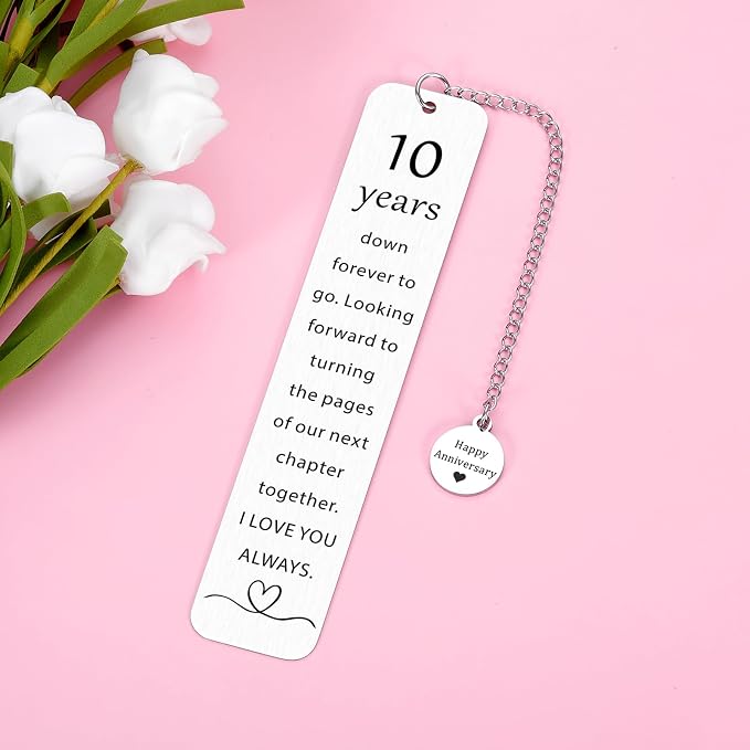 10 Year Anniversary Tin Gifts for Him/Her, 10th Wedding Anniversary for Wife Husband - Tin Anniversary Bookmark for Women Men Couple