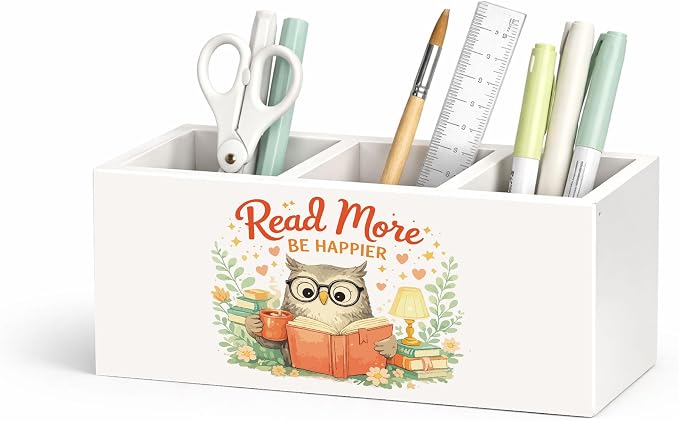 Reading Desk Organizer Wooden Pen Pencil Holder for Desk, 3 Compartments Office Accessories, Read More Be Happier Owl Decor, Book Lover Gifts for Women Teachers Home Office Storage