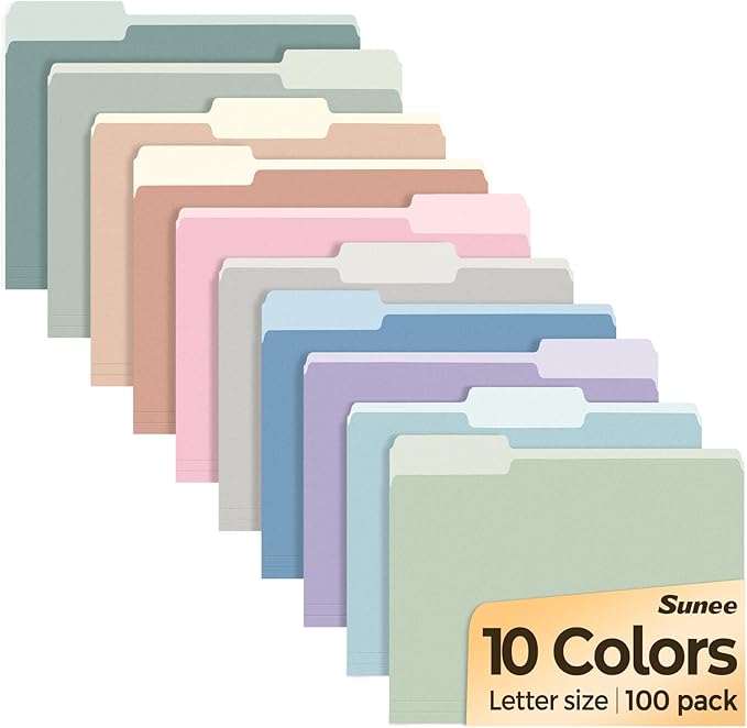 SUNEE File Folders Letter Size 10 Pastel Colors, 100 Pack Manilla Folders 8.5 x 11 1/3-Cut Tabs, Colored File Folders Office Home School for Documents Files Paper