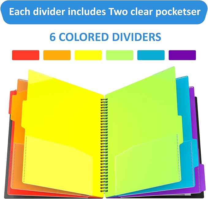 12 Pocket Project Organizer, 6 Color Letter Size Spiral Multi Pocket Folder Organizer, 1/6-cut Tab Poly File Organizer Binder with Dividers,Multi-Subject Binder Notebook School Office Supplies