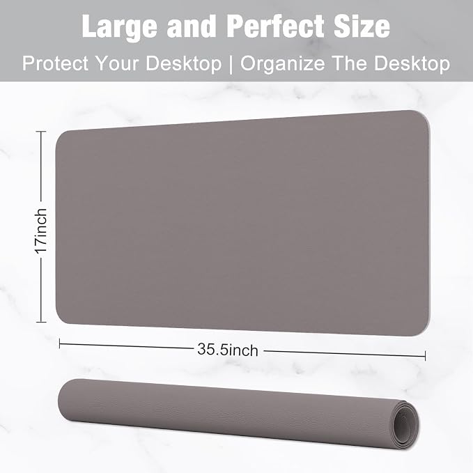 Desk Pad, 35.5" x 17" PU Leather Mat, XXL Extended Mouse Waterproof Blotter Protector, Ultra Thin Large Laptop Keyboard Non-Slip Writing Pad for Office Home, Light Gray