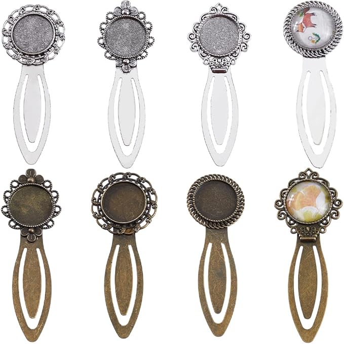 SUNNYCLUE 1 Box 16Pcs DIY 8 Sets Vintage Bookmark Metal Antique Bronze Silver Bookmark Bezel Tray Cabochon Bookmarks Making Kit Glass Cabochons Book Mark Blanks Bookmark Bezels for Adults DIY Crafts