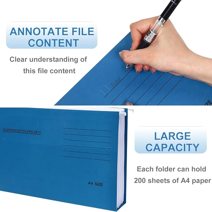 A4 Hanging File Folders, 25 Pcs Recycled Card File Folders for Filing Cabinet with Tabs and Card Inserts, Hanging Files Storage Folders for Office and School, Blue