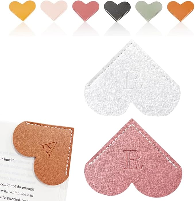 Personalized Leather Heart Bookmark, 26 Letters Customized Corner Book Mark for Reading Women, Book Marker with Initials，Cute Gifts (White+Deep Pink, R)