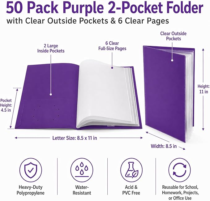 Ultra PRO - 50 Pack Purple Heavy Duty 2-Pocket Folders with 6 Clear Internal Pages, Waterproof Poly Project Organizer for School and Office, Fits 8.5 x 11 Letter Size, Customizable Clear Covers