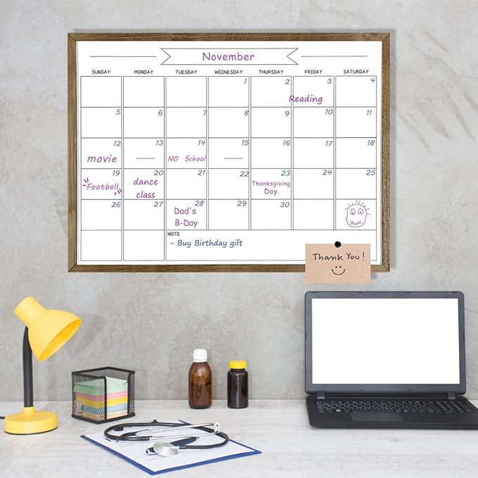 TORASO Dry Erase Monthly Calendar Whiteboard, Magnetic White Board for Wall, Office/School/Home, Solid Wood Frame Hanging Board for Decoration/Kitchen Grocery List，17.7"x 23.6"(YL-RB-4560-B)