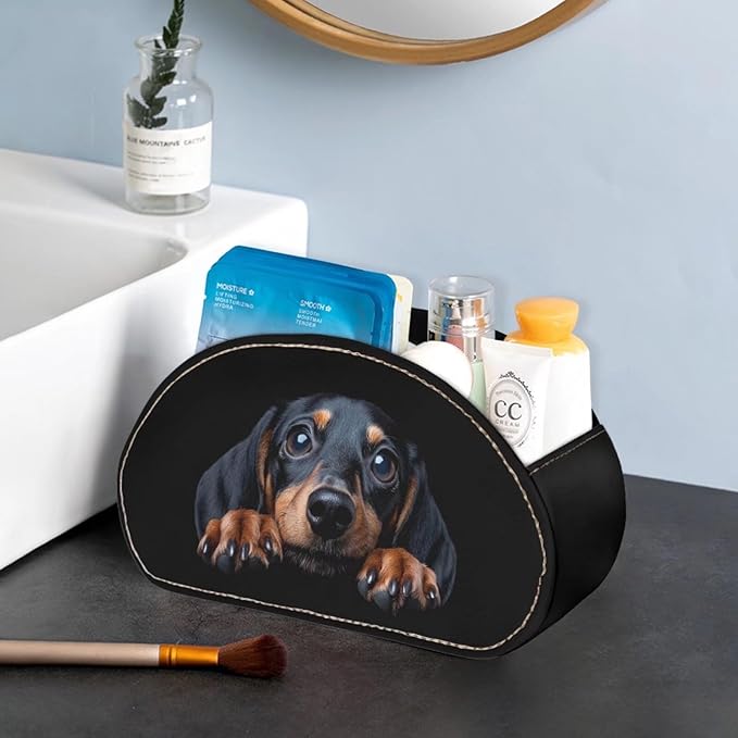 Forchrinse Dachshund Remote Control Holder Leather TV Remote Caddy for Table Desktop Organizer with 5 Compartment for Office Supplies,Makeup Brush,Media Controllers