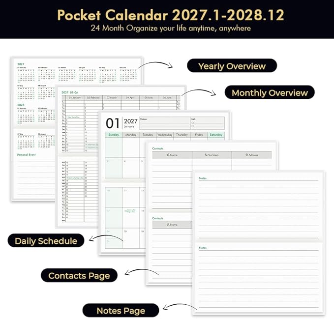 Pocket Calendar 2027-2028 for Purse, Small Pocket Planner 2027-2028 for Purse 3.5×6.5In, 24 Month Organizer from Jan 2027- Dec 2028 Mini Planner with Pvc Cover for Organizing & Planning