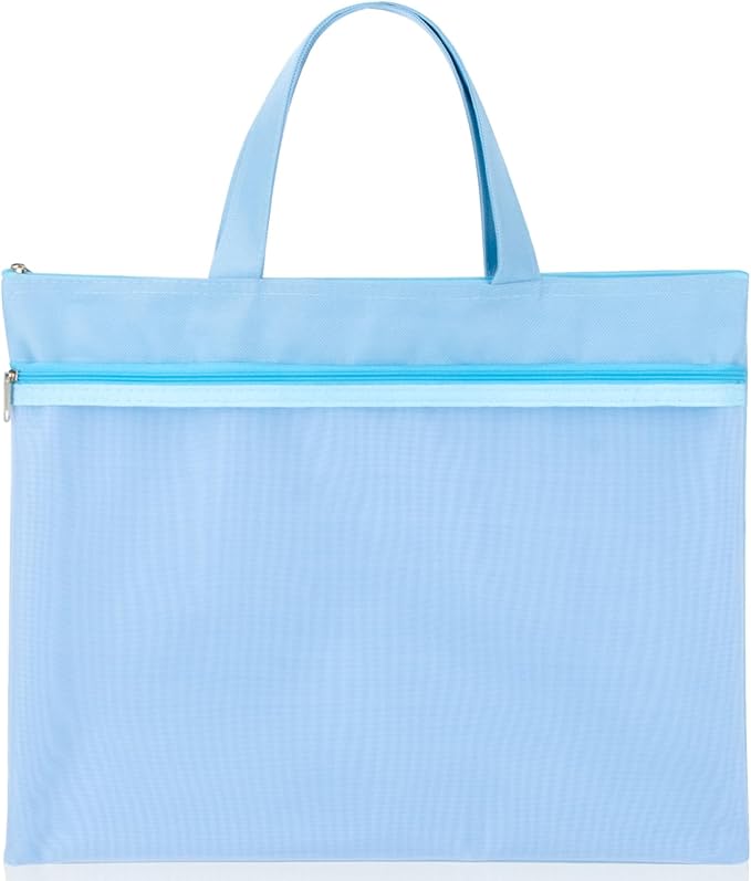 Mesh Zipper Pouch with Handle - 11 x 13.7 Inch Reusable Double Pocket Zipper Pouch, Foldable Nylon File Bag, Large Capacity Lightweight Document Storage for Puzzles Books Office Travel Shopping, Blue