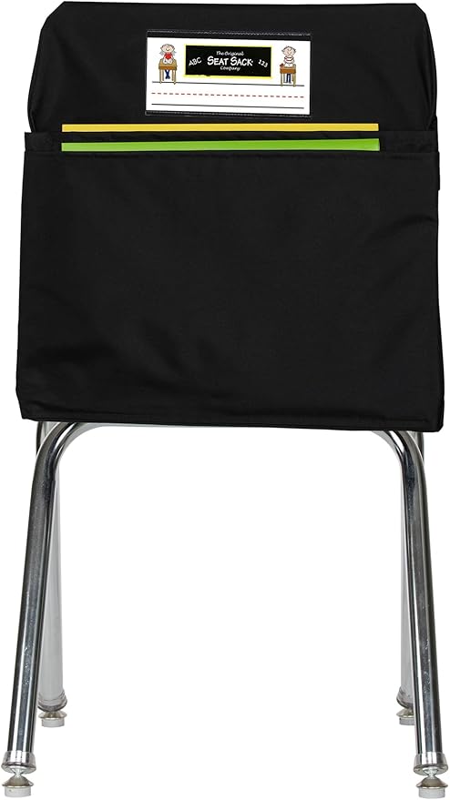 Seat Sack Student Chair Storage Pocket - 17", Double Pocket, Classroom Chair Organizer for Student Desks, Durable Over-the-Chair Storage, Black, 1-Pack
