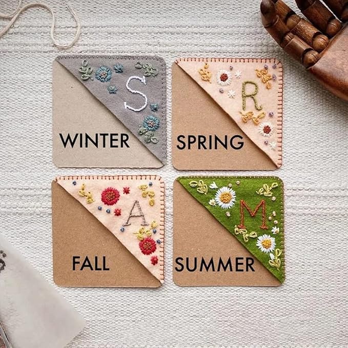 Personalized Hand Embroidered Corner Bookmark, 26 Letters Hand Stitched Felt Corner Letter Bookmark, Cute Flower Embroidery Bookmarks for Book Reading Lovers Meaningful Gift（Spring，T