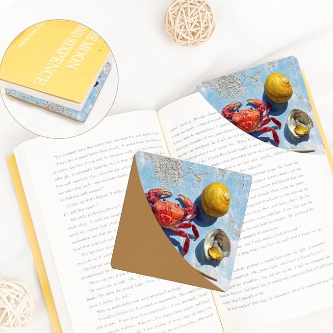 2PCS PU Leather Bookmarks 3.5x3.5 Inch Crab Seashell Ocean Design | PU leather bookmarks with red crab seashell design for beach novels, travel notes, art journals, ocean fans and readers.