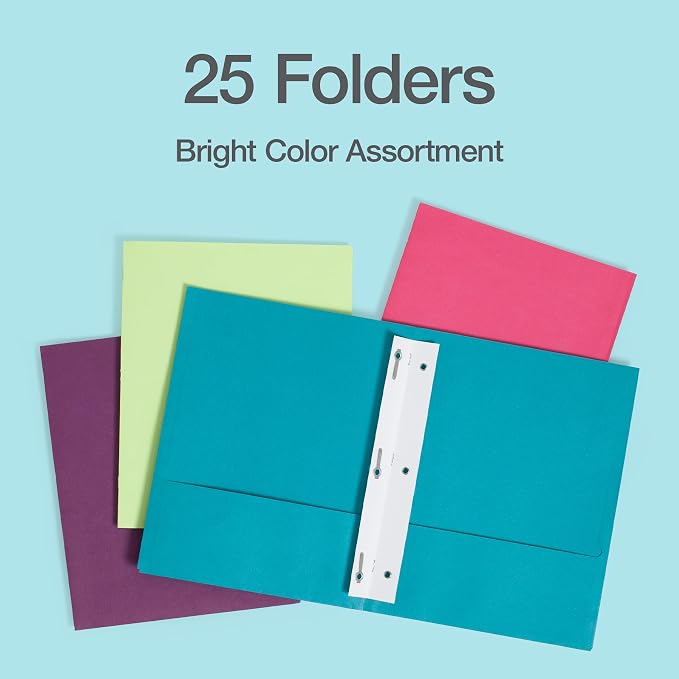 Oxford 2 Pocket Folders with Prongs, 25 Pack, Assorted Bright Colors, Made in the USA, Fits 100 Letter Size (8.5" x 11") Sheets, Durable Paper Folders for School, Office, and Home