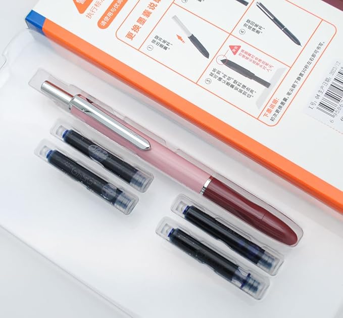 OASO K016 Retractable Fountain Pen Set 0.5mm with 4pcs Blue Ink Cartridges Smooth Writing for School Students (Deep Sea Pink)