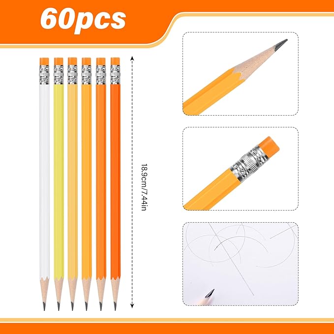 TecUnite 60 Pcs HB Pencils #2 Unsharpened Wood Cased Pencils with Eraser Hexagonal Pencil Cute Graphite No 2 Pen for Adults Gifts Exam School Office Sketching Learning(Orange, Sliver)
