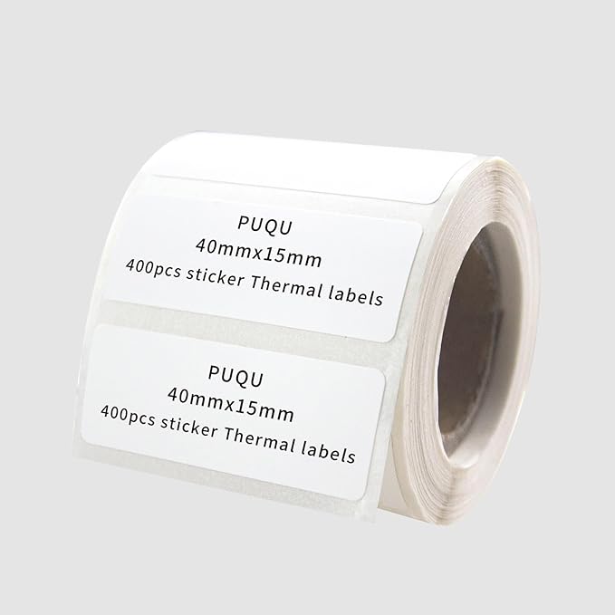 PUQU 40x15mm Direct Thermal Sticker Labels, Self-Adhesive All-Purpose Label Maker Tape, Compatible with AQ Series Label Printer, Refills Standard Laminated Office Labeling, 1 Roll of 400 Labels