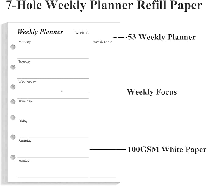 Weekly Planner Refills for 3 or 7 Ring Mini Binders - 53 Sheets/106 Pages Undated Weekly Planner, 100 gsm White Paper, Lasts 1 Year, Undated, 5.8" x 8.3", Black