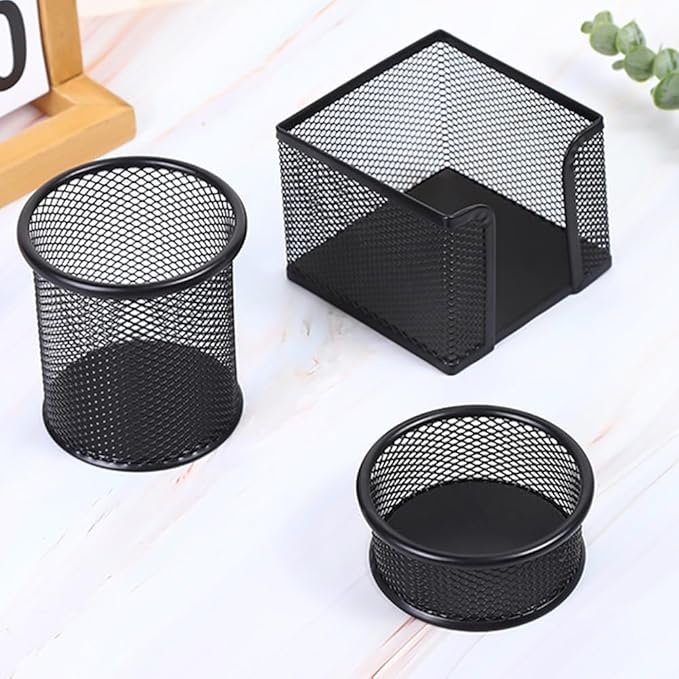 3pcs Pen Holder for Desk, Metal Mesh Pen Cup Paper Clip Holder Memo Pad Holders Stationary Organizer for Desk, Desk Accessories for Office School Home(COLOR:black)