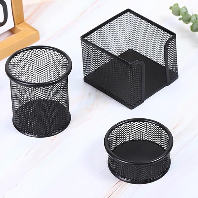 3pcs Pen Holder for Desk, Metal Mesh Pen Cup Paper Clip Holder Memo Pad Holders Stationary Organizer for Desk, Desk Accessories for Office School Home(COLOR:black)
