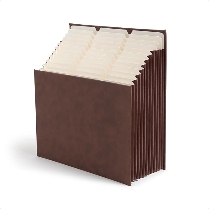 Smead Expanding 12-Pocket Stadium File, 12.75" x 13.75" x up to 11.75", Brown Vegan Leather (70228)