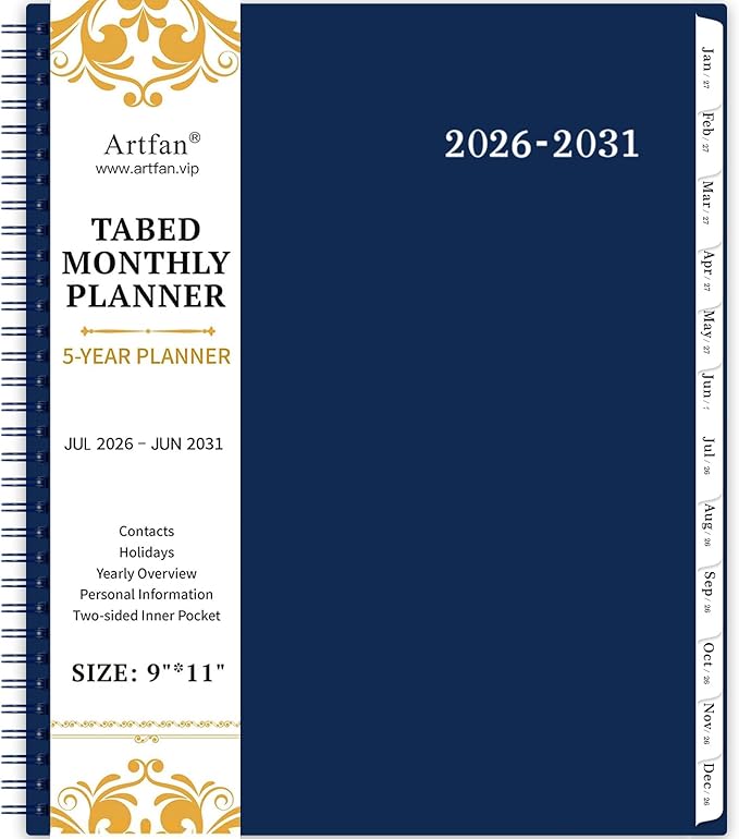 2026-2031 Monthly Planner/Monthly Calendar - 5 Year Monthly Planner from Jul.2026 - Jun.2031, 60 Month Planners, 9" x 11", Monthly Calendar 2026-2031 with Tabs + Double-Side Pocket + Durable Polypropylene Cover - Navy Blue