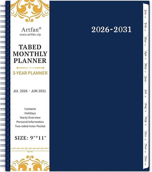 2026-2031 Monthly Planner/Monthly Calendar - 5 Year Monthly Planner from Jul.2026 - Jun.2031, 60 Month Planners, 9" x 11", Monthly Calendar 2026-2031 with Tabs + Double-Side Pocket + Durable Polypropylene Cover - Navy Blue