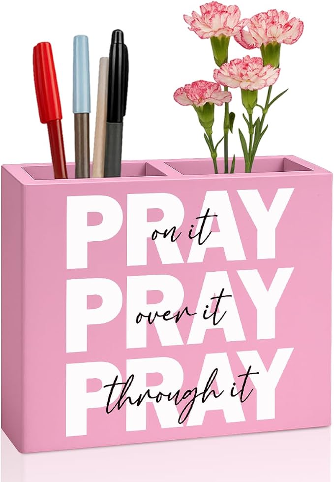 Pink Pray on It Office Desk Pencil Holder Decor Inspirational Christian Gifts for Women Men HR Manager Coworker Friend Employee Boss Day Gifts Bible Verse Wooden Pencil Holder Sign