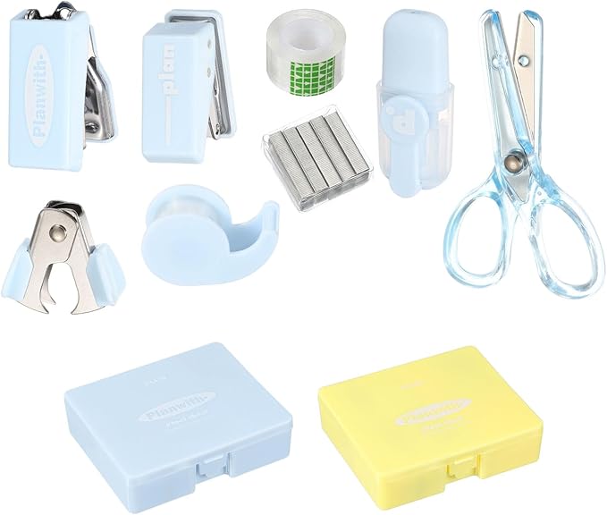 PATIKIL 2 Pack Office Supplies Set, 8pcs Desk Supplies Set Stapler Tape Dispenser Scissors Accessories Kit Mini Office Supply Kit Cute Small for Desk Women Organizer, Blue Yellow