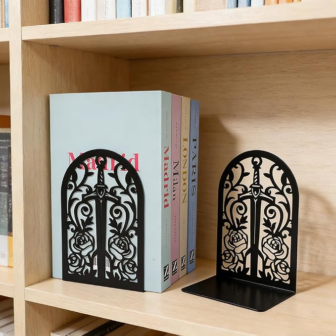 Book Ends, Bookends, Book Ends for Shelves, 2Pair Non Skid Metal Book Divider Decorative Holder, Abstract Art Desgin Book Stopper Supports for Office, Home (Sword Rose)