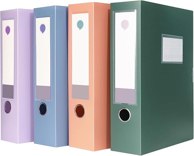 A4 Storage File Boxes Large Capacity Plastic Archives Cases with Lid, 75mm deep, 4 Colores Folding Document Storage Box for Office、Homes and School