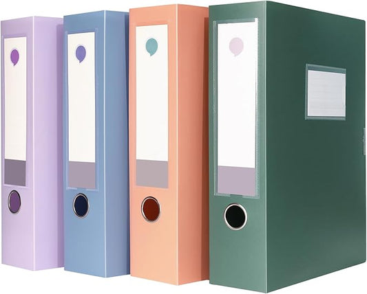 A4 Storage File Boxes Large Capacity Plastic Archives Cases with Lid, 75mm deep, 4 Colores Folding Document Storage Box for Office、Homes and School