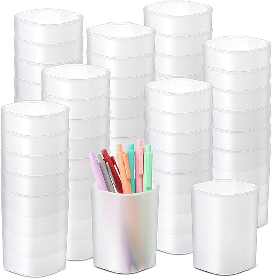 64 Pack Pen Holder White Pen Cups for Desk Organizers and Storage Stationery Plastic Matte Pencil Holder Cups Transparent Style for Office School Supplies