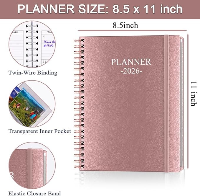 Planner 2026 - Weekly & Monthly Planner Runs from January 2026 to December 2026, 8.5 x 11", 12 Month Tabs, Inner Pocket, PU Leather Cover with Twin-Wire Binding, Monthly Planners 2026, Rose