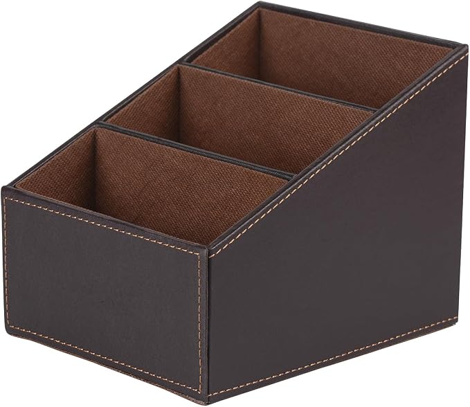 I-MART PU Leather Remote Control Holder Organizer with 3 Compartments, Stylish TV Remote Holder Caddy for Desk Nightstand Coffee Table and Media Accessory Storage (Brown)